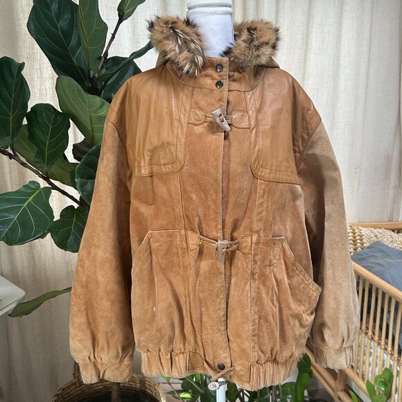 Vintage Brown Suede & Leather Fur Hood Parka 90s Streetwear Cabincore Jacket L - Picture 5 of 16